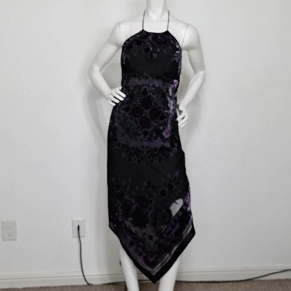 Black Purple Vintage Fairy Burnout Velvet Whimsigoth Halter Witchy Midi Dress L - Picture 1 of 13